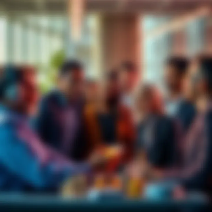 A group of diverse people discussing utility coins like XRP and ETH in a modern office setting, highlighting financial growth and market trends.