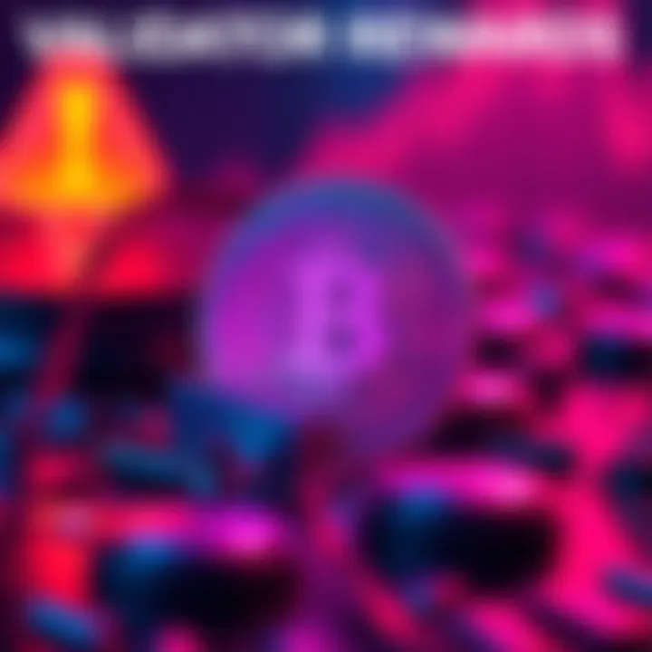 Graphic showing a digital coin symbolizing validator rewards with an alert icon in the background