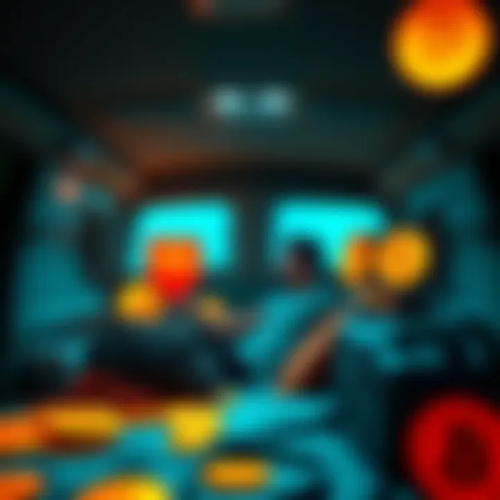 A person sits inside a minivan with Bitcoin symbols around, contemplating a lifestyle change to invest in cryptocurrency.
