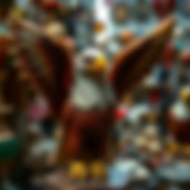 A close-up of a vintage spitting eagle figurine displayed in a thrift store, showcasing its intricate details and colors.