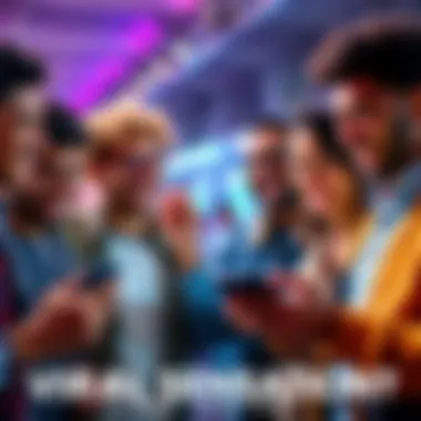 Viral Sensation Laughter A group of diverse people laughing together while looking at their phones, showcasing a fun moment inspired by a viral trend.