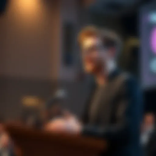 Vitalik Buterin discusses new democratic strategies at a podium during a public event, emphasizing the need for change in governance.