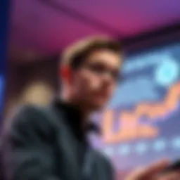 Vitalik Buterin speaking about simplifying Ethereum's node architecture at a conference, with a presentation slide in the background