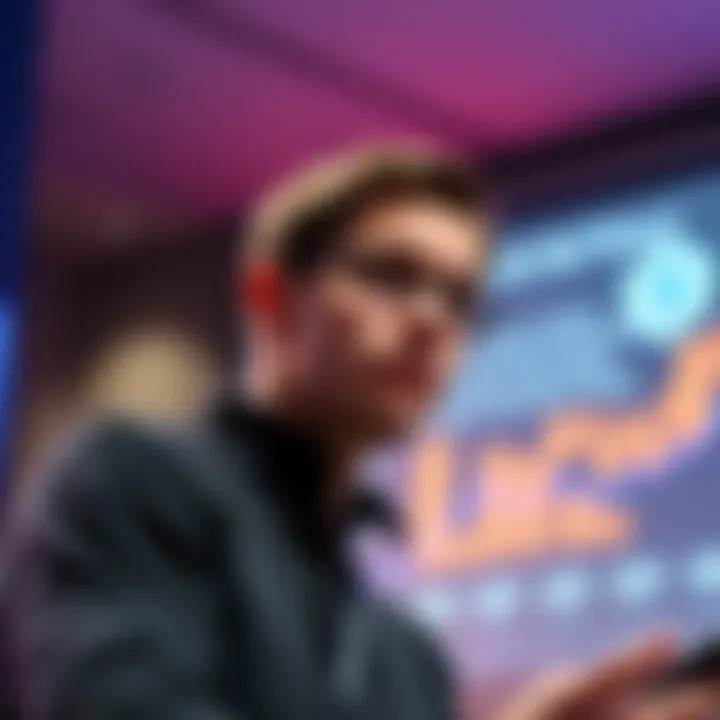 Vitalik Buterin speaking about simplifying Ethereum's node architecture at a conference, with a presentation slide in the background