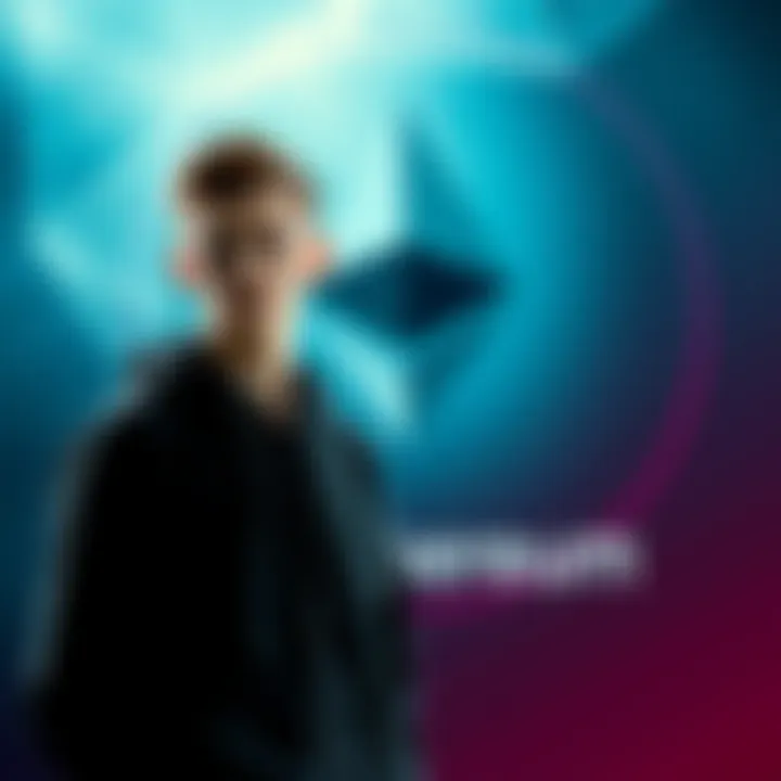 Vitalik Buterin standing with the Ethereum logo in the background, symbolizing his influence in the ecosystem.