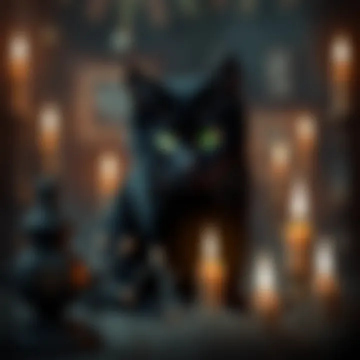 A black cat with glowing green eyes surrounded by Voodoo symbols and candles, exuding an aura of mystery and magic.
