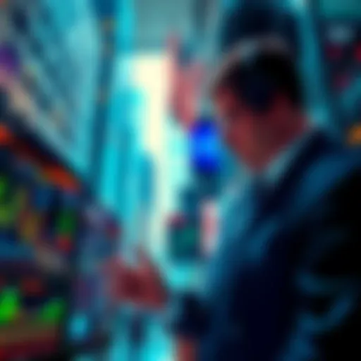 Wall Street professionals engaging with digital currency charts and financial data on screens.