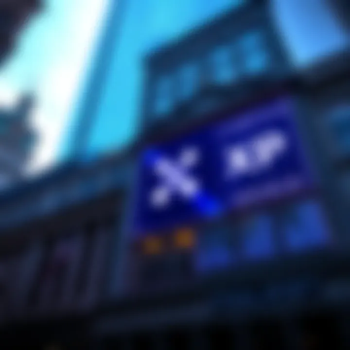 A large, modern financial building with a digital screen displaying XRP logo and investment figures, representing a Wall Street firm's substantial investment in cryptocurrency.