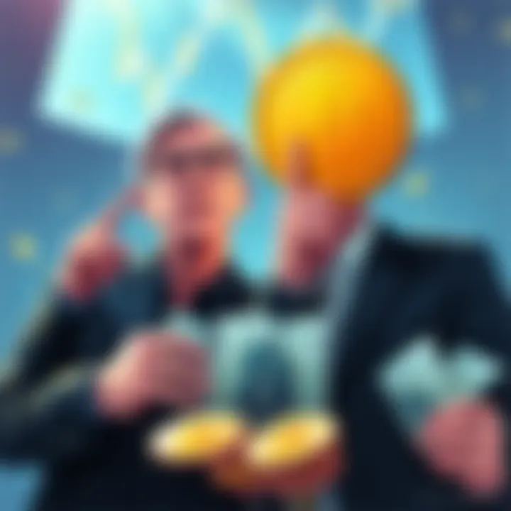 Illustration showing Wall Street bankers with synthetic Bitcoin, visualizing the impact on the market, contrasting traditional Bitcoin with paper versions