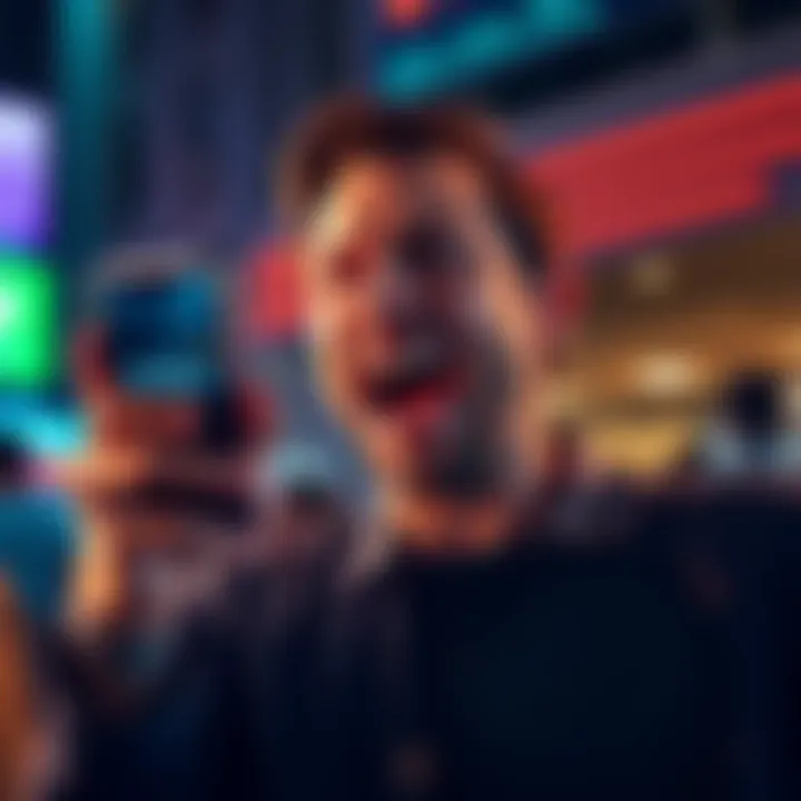 A person showing excitement while holding a smartphone with WallStreetBets logo and Hedera graphics on the screen, symbolizing the hype around $HBAR.