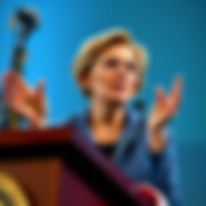 Senator Elizabeth Warren passionately discussing cryptocurrency regulation at a podium