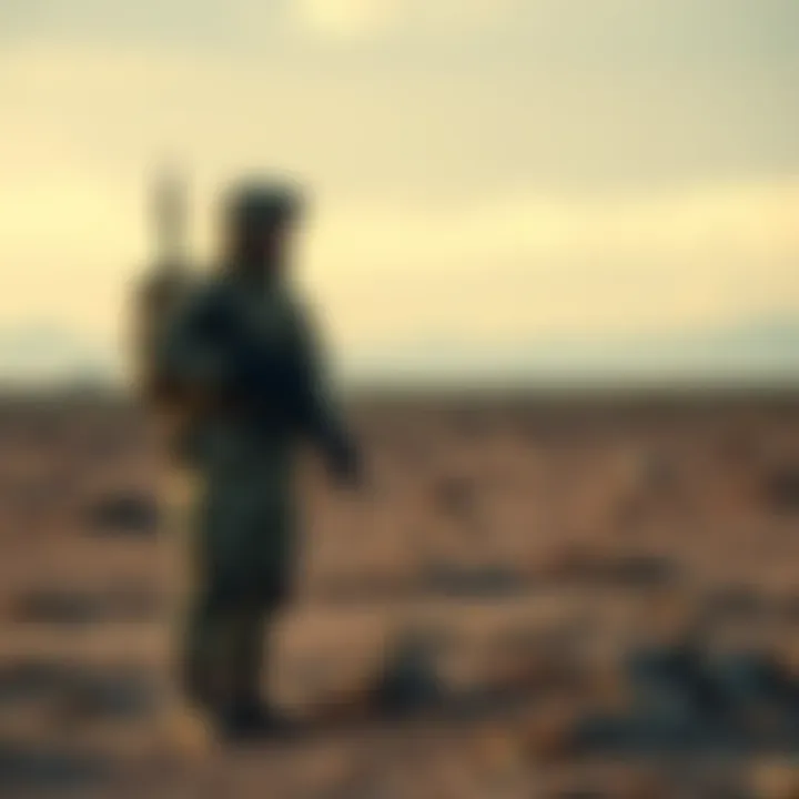 War's Lasting Impact A soldier standing in a barren landscape, symbolizing the aftermath of war, reflecting on its deep societal and economic effects.
