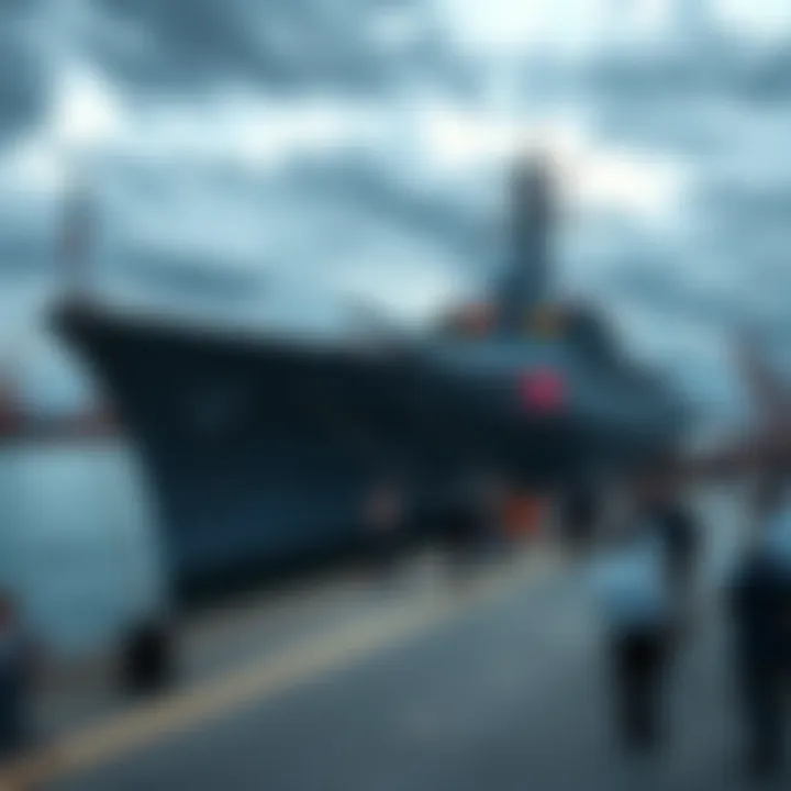 Warship Event Confusion A warship docked at port under cloudy skies, with people gathered nearby looking confused about the event timing.