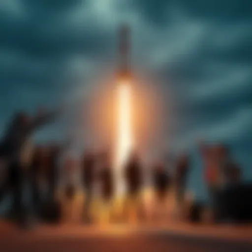 A group of students from the University of Waterloo celebrating the launch of their rocket that sets a new world record, with the rocket ascending into the sky.