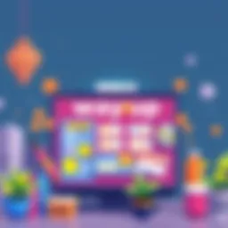 A colorful illustration of the Wayup marketplace interface on Cardano, showing various digital items for sale and feedback options.