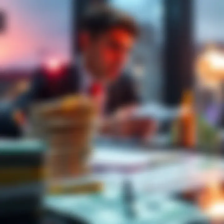 A stack of money beside a businessperson analyzing financial graphs on a desk