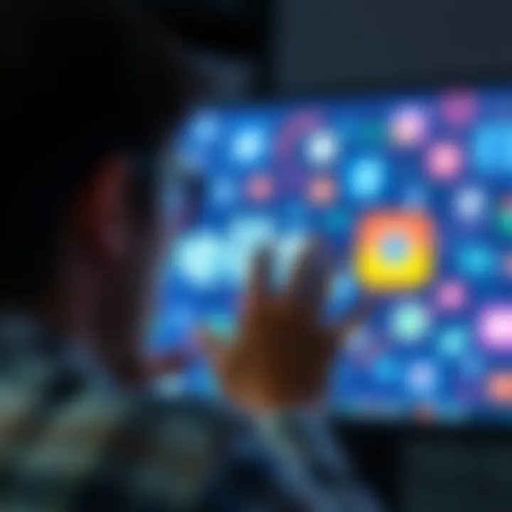 A person looking at a computer screen displaying Web3 graphics with social media icons in the background, representing the struggle for mass appeal in digital interactions.
