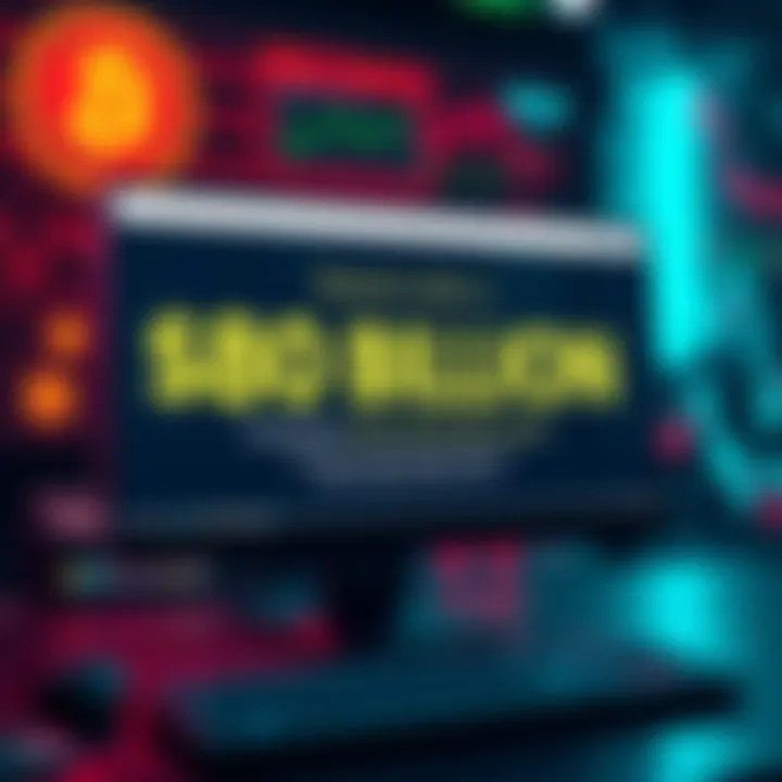 A computer screen displays bold text about generating $80 billion by guessing Satoshi Nakamoto's Bitcoin wallet, surrounded by cryptocurrency graphics.