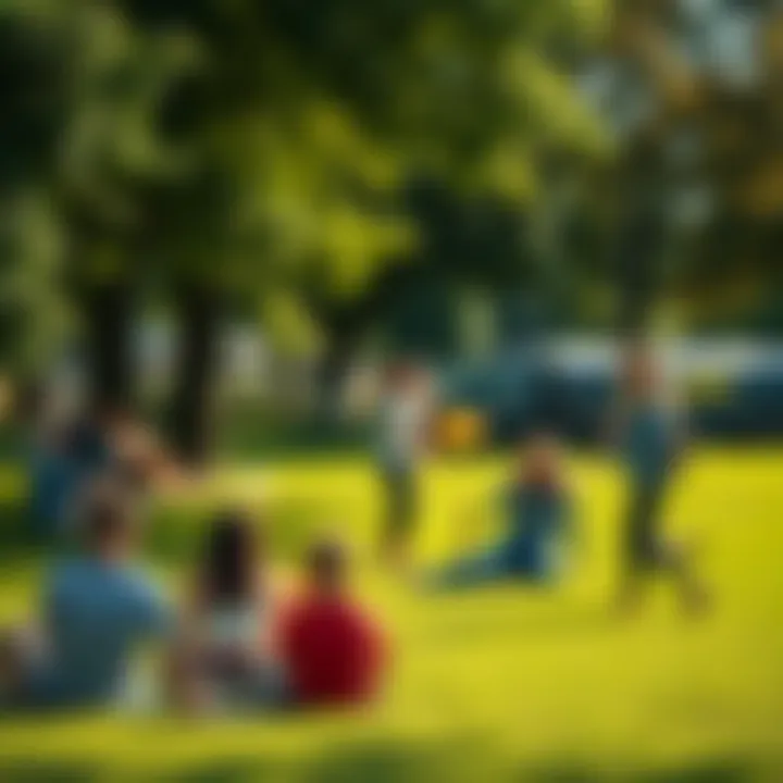 A group of friends at a park having a picnic and playing frisbee on a sunny day