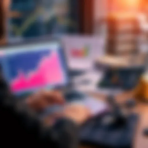 A person analyzing market trends on a laptop while planning weekly investment purchases, surrounded by financial graphs and documents.