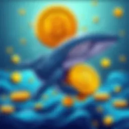 A cartoon whale representing cryptocurrency whales with Bitcoin coins, illustrating the challenge of spending large amounts without banks.