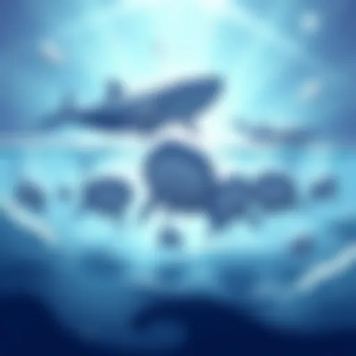 A group of cartoon whales swimming in an ocean, symbolizing large investors in a gaming community, with rays of light shining above them, indicating growth and prosperity.