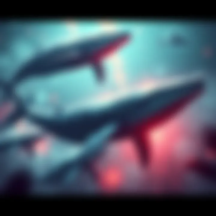 Whales in Financial Market Major investors, depicted as whales, opening short positions in the market, representing a large financial transaction.