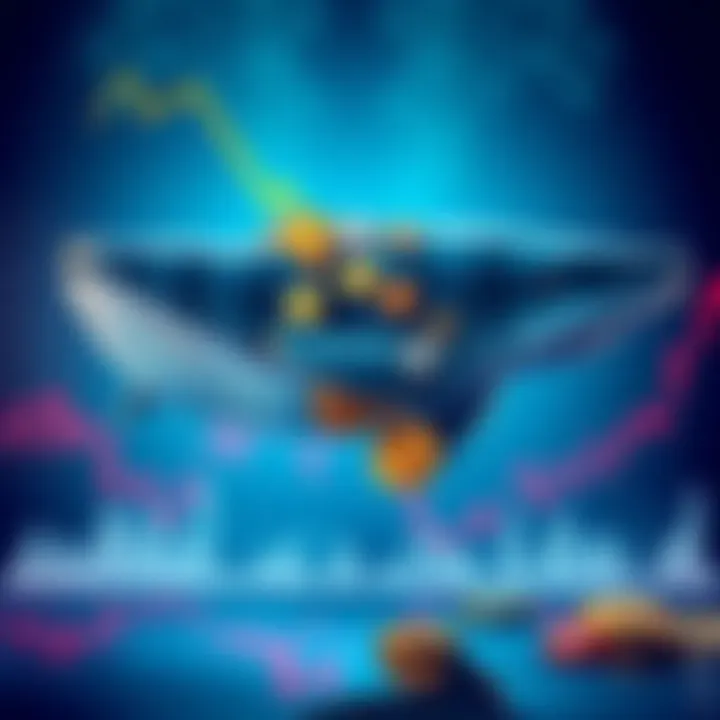 Whale Selling Altcoins A cryptocurrency whale depicted as a large fish selling various altcoins, showing a graph with declining prices in the background