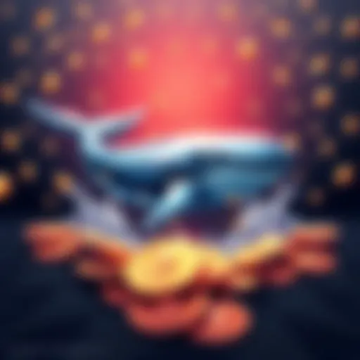 Whale Strategy in Crypto A digital illustration of a whale symbolizing big investors in cryptocurrency, surrounded by Ethereum coins, depicting the strategy of borrowing and buying more ETH