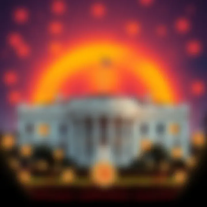 The White House with a backdrop of Bitcoin symbols, representing the upcoming announcement of the Strategic Bitcoin Reserve.