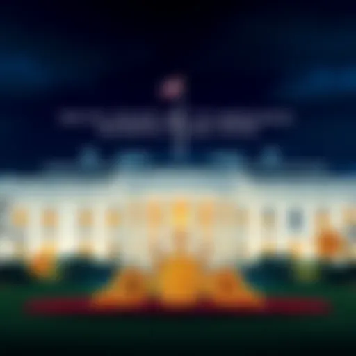 White House Bitcoin Reserve Announcement The White House with Bitcoin symbols in front, representing upcoming cryptocurrency plans.