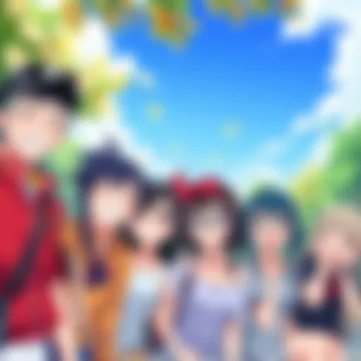 A group of cheerful anime characters smiling together, enjoying a sunny day in a vibrant park, showcasing friendship and joy.