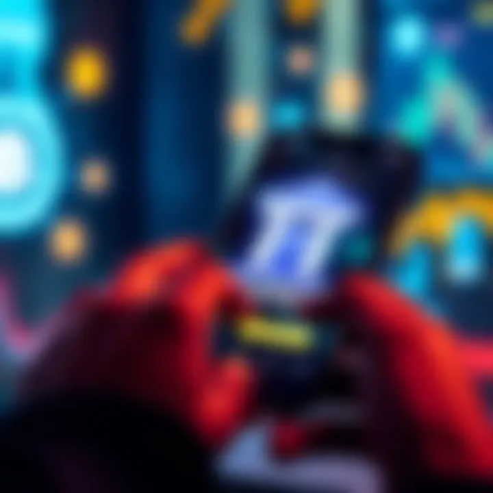 A person using a mobile phone to withdraw cryptocurrency, showing a bank logo on the screen, with digital currency symbols in the background.