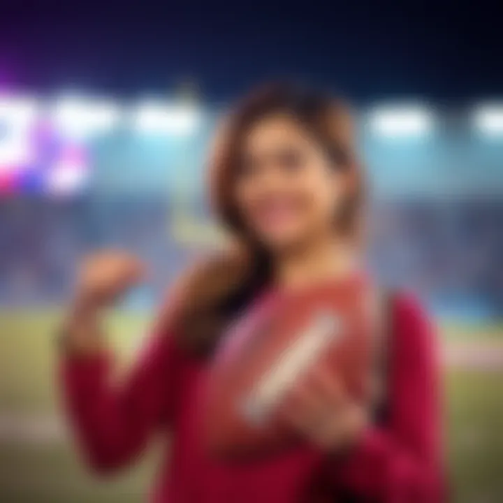 A woman playfully holds an object that looks like a football, smiling at the camera in a lighthearted moment.