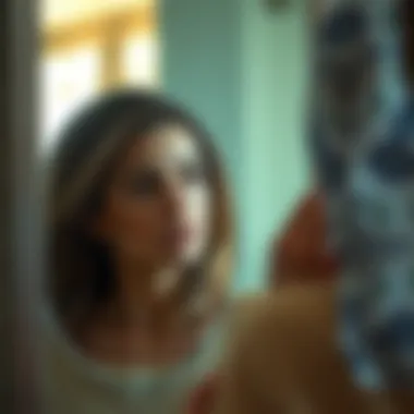Woman Reflecting on Body Image A woman looking in the mirror with a contemplative expression, highlighting her struggle with body image and self-perception.