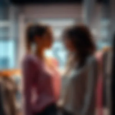 Woman trying on clothes A woman stands in a fitting room, looking frustrated while trying on a blouse that doesn't fit properly around her chest and shoulders.