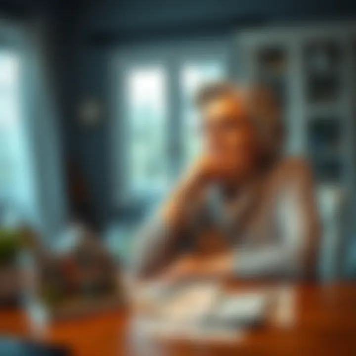 Woman contemplating bankruptcy at home A 67-year-old woman looks worried while sitting at a table with bills and a picture of her house, contemplating her financial future.
