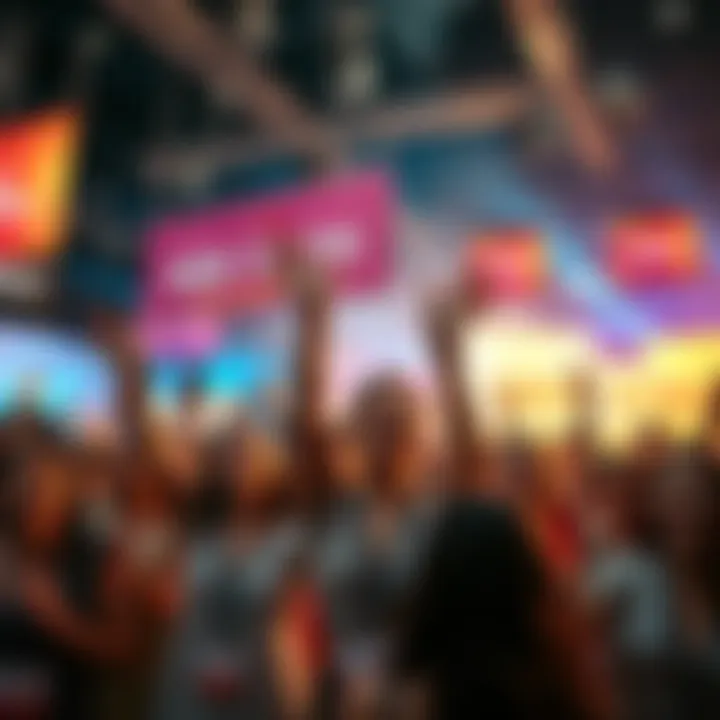 A group of women cheering and celebrating at the Her Vision Her Trade event, showcasing a vibrant atmosphere with promotional banners and prizes.