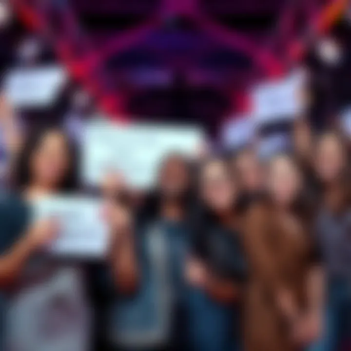 A diverse group of women in tech celebrating International Women's Day, smiling and holding signs of empowerment.