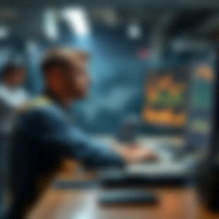 A worker sitting at a desk, looking thoughtful while glancing at a computer screen showing a Bitcoin chart with a rising trend.