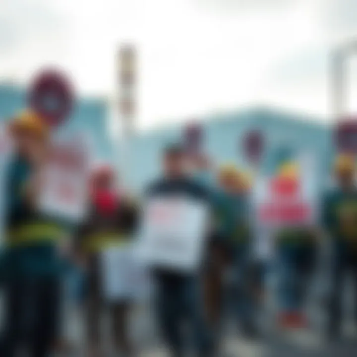 A group of workers holding signs and picketing outside a factory during a strike, expressing their demands and concerns.