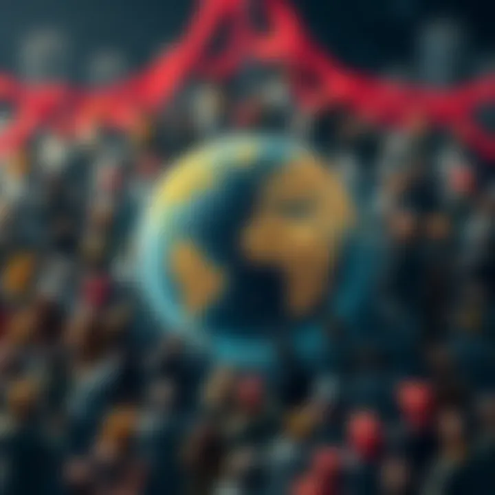 Illustration of a globe surrounded by people donating coins to address global issues like hunger and clean water.