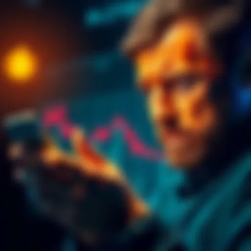 A concerned man checks his phone with Bitcoin charts showing a decline