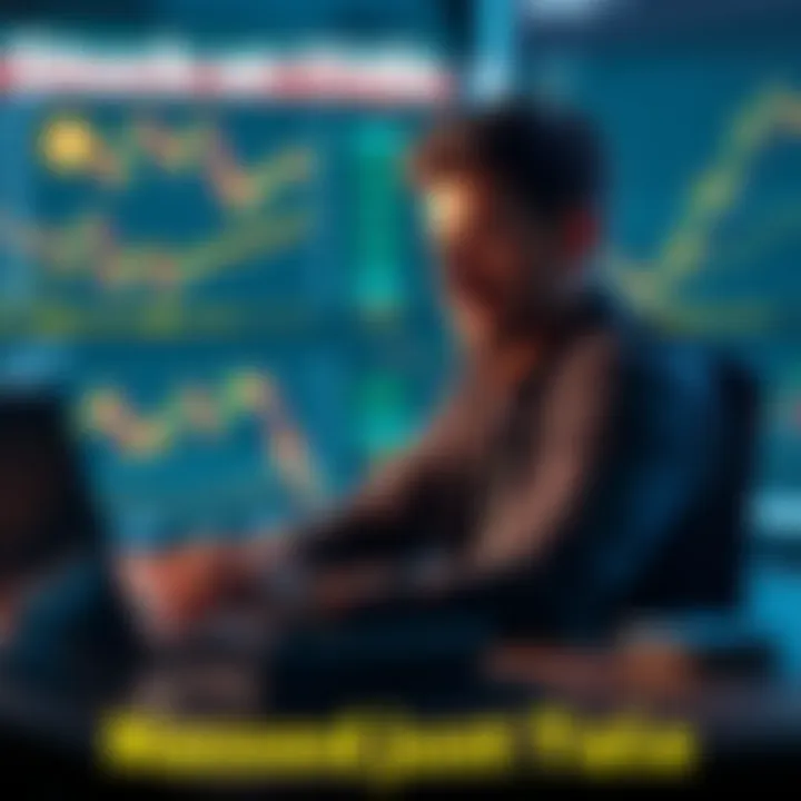 Individual sitting at a desk, looking concerned while checking Bitcoin prices on a laptop, with charts and graphs displayed on the screen