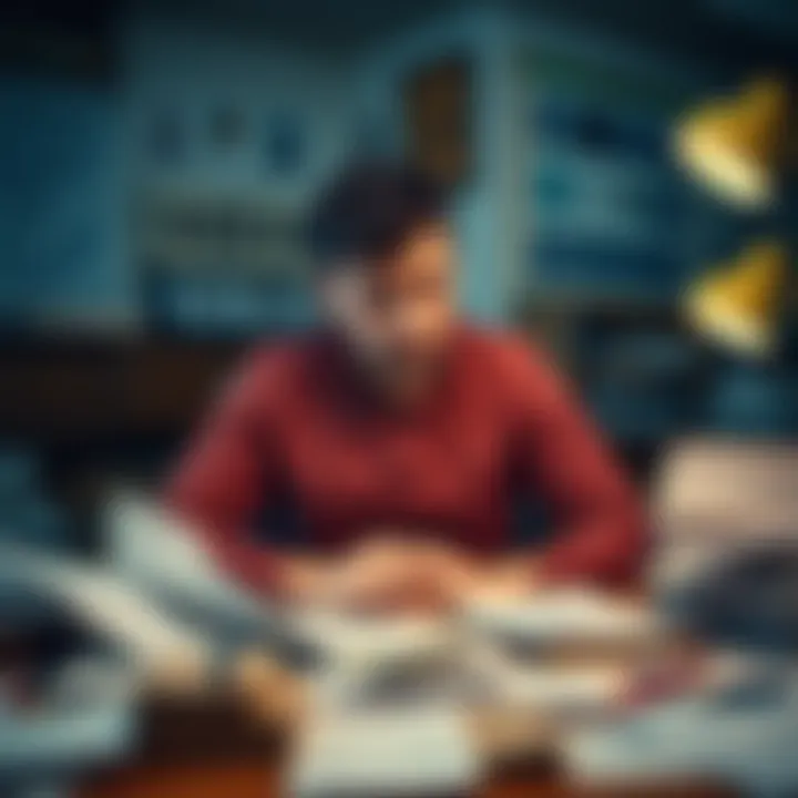 A person with a worried expression sits at a cluttered desk surrounded by bills and financial documents, illustrating the stress of financial losses.