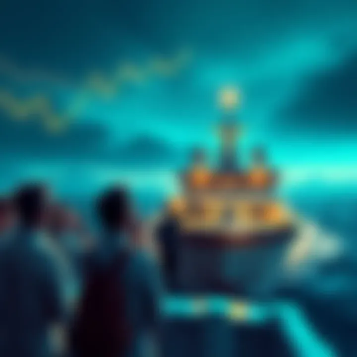 A group of people looking at a boat ready to depart, symbolizing the investment opportunity in XLM. Some appear excited while others are hesitant.