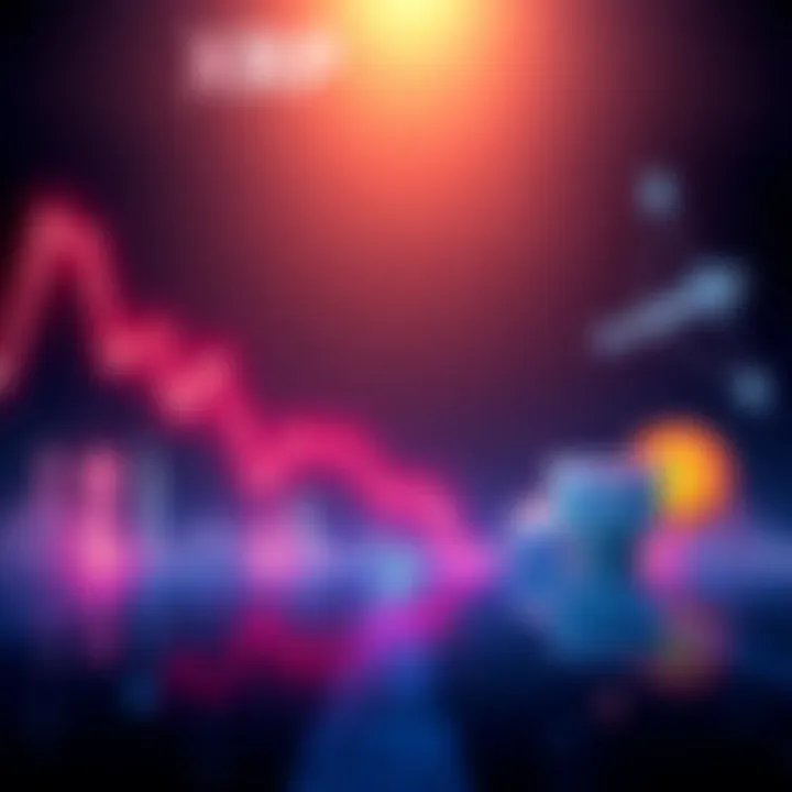 A graph showing a steep decline in XRP's price with arrows pointing down, alongside symbols of ETF and regulatory icons