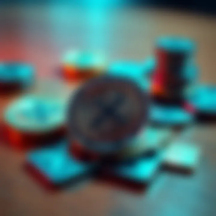 A close-up of XRP coins placed on a wooden table, symbolizing investment opportunities in cryptocurrency.