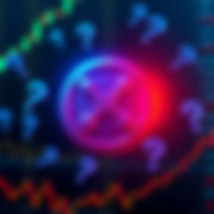 A digital representation of the XRP logo surrounded by question marks and financial graphs, showing concern about its future in the crypto market.