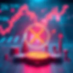 An illustration showing XRP logo with growing financial charts and symbols of ETFs and independent projects on a digital ledger background.